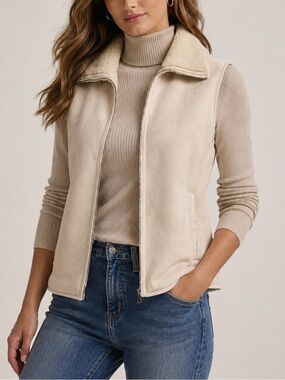 Lauren Ralph Lauren Suede Sherpa Lined Zip Up Vest Cream L Quiet Luxury Western